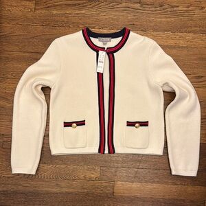 J Crew Classic Cardigan with Red & Navy Trim